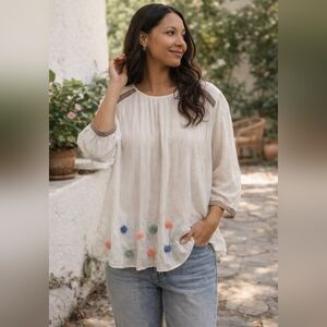 DAVI & DANI Cream Peasant Blouse with Multicolor Pom Poms
